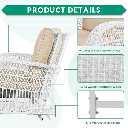 VIVIJASON 2-Piece Outdoor White Wicker Glider Rocking Chair, Patio Rattan Swing Glider Chairs with Cushions & Steel Frame, All-Weather Gliding Lawn Wicker Furniture for Garden Backyard Porch, Beige