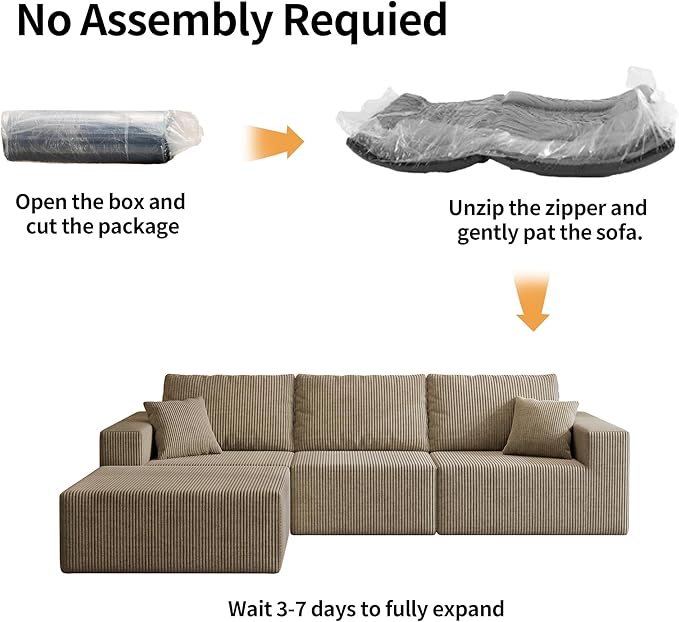 110" Boneless Cloud Sectional Couch for Living Room, Compressed Modular L-Shaped Sofa with Deep Seat, Frameless Corduroy Couch in Boxes, No Assembly Required 3-Seater (Left-Facing Chaise, Grey)