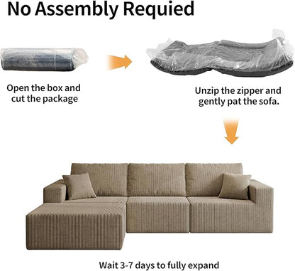 110" Boneless Cloud Sectional Couch for Living Room, Compressed Modular L-Shaped Sofa with Deep Seat, Frameless Corduroy Couch in Boxes, No Assembly Required 3-Seater (Left-Facing Chaise, Grey)