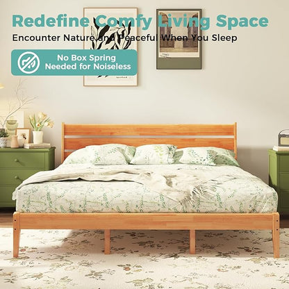 Solid Wood King Size Bed Frame with Ladder Headboard, Malaysian Oak Platform Bed Frame, Modern Bedframe with Wooden Slats, No Box Spring Needed, Easy Assembly, King Size, Rustic Pine