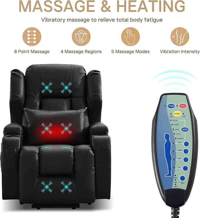 Power Lift Recliner Chair for Elderly, Electric PU Leather Reclining Single Sofa with Massage & Heat, Side Pocket, Cup Holders and USB/Type-C Charge Port for Living Room (Black)