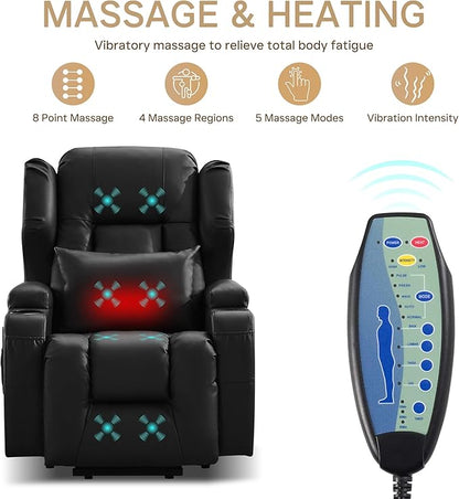 Power Lift Recliner Chair for Elderly, Electric PU Leather Reclining Single Sofa with Massage & Heat, Side Pocket, Cup Holders and USB/Type-C Charge Port for Living Room (Black)