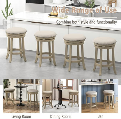 COSTWAY 360° Swivel Bar Stools Set of 2, 26.5-inch Height Upholstered Round Barstools with Wooden Frame, Seat and Footrest, Backless Solid Wood Counter Stools for Kitchen Island Bistro Pub, Beige