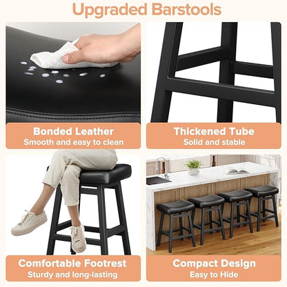 Counter Height Bar Stools Set of 2, 24 Inch Barstools for Kitchen Counter, Kitchen Stools with Bonded Leather Saddle Seats & Heavy Duty Metal Legs, Easy Assembly, All Black