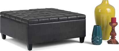 SIMPLIHOME Harrison Coffee Table Storage Ottoman - 36 inch Wide Upholstered Vegan Leather Square Lift-Top Ottoman in Distressed Black, Transitional Ottoman for Living Room with Hidden Storage