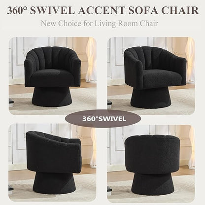 Swivel Accent Chair,Upholstered Teddy 360° Swivel Barrel Chair for Living Room Overstuffed Bouncle Reading Chair Round Armchair for Bedroom,Vanity,Office-Black