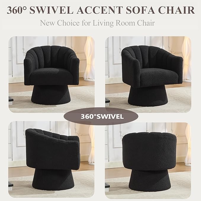 Swivel Accent Chair Set of 2, Upholstered Teddy 360° Swivel Barrel Chair for Living Room Overstuffed Bouncle Reading Chair Round Armchair for Bedroom,Vanity,Office-Black