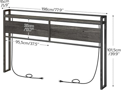 HOOBRO King Size Headboard, Headboard with 2 Outlets and 4 USB Ports, Adjustable Height, Storage Rack, Sturdy and Stable, Easy Assembly, Charcoal Gray and Black