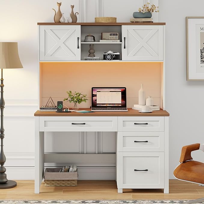 Farmhouse 67" H Executive Desk with Hutch,Office Desk with 4 Drawers and LED light, Wood Workstation for Home Office and Study, Computer Desk with Storage Cabinet & File Drawers and Charging Station