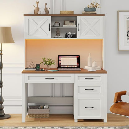 Farmhouse 67" H Executive Desk with Hutch,Office Desk with 4 Drawers and LED light, Wood Workstation for Home Office and Study, Computer Desk with Storage Cabinet & File Drawers and Charging Station