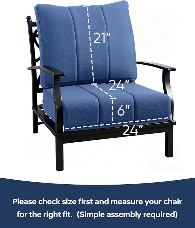 Luxury 24x24x6 Inch Kitty Outdoor Seat Cushions - Set of 2 Water Resistant Patio Chair Comfortable Cushion for Rattan Dining Rocker Glider Loveseat Couch Sectional Sofa - Navy Blue