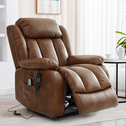 TEKAMON Power Lift Recliner Chair for Elderly with Heat & Massage, Dual Motor Breathable Leather Recliner, Lay Flat Sleeping Chairs with Infinite Position, RemoteControl & USB Ports(Ochre)