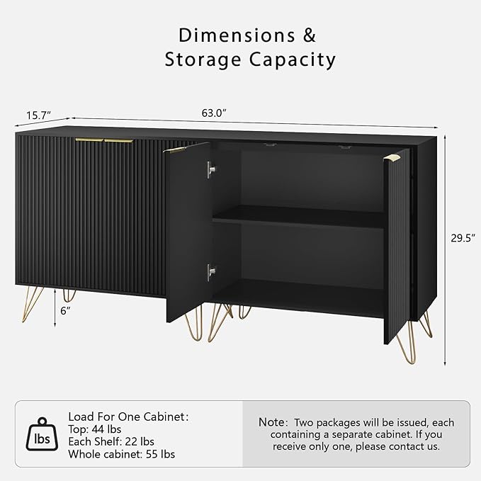Fluted Storage Cabinet, Set of 2, Sideboard Buffet Cabinet, Modern Wood Accent Cabinet with Adjustable Shelves, Console Table for Living Room, Hallway, Entryway, Black