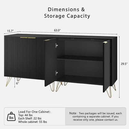 Fluted Storage Cabinet, Set of 2, Sideboard Buffet Cabinet, Modern Wood Accent Cabinet with Adjustable Shelves, Console Table for Living Room, Hallway, Entryway, Black