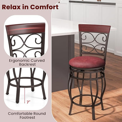 Giantex 26" Swivel Bar Stools Set of 4, Counter Height Bar Stools w/Back, Upholstered PU Leather Seat, Footrest, Max Load 330Lbs, Vintage Metal Barstools for Kitchen Island, Dining Room, Rustic Brown