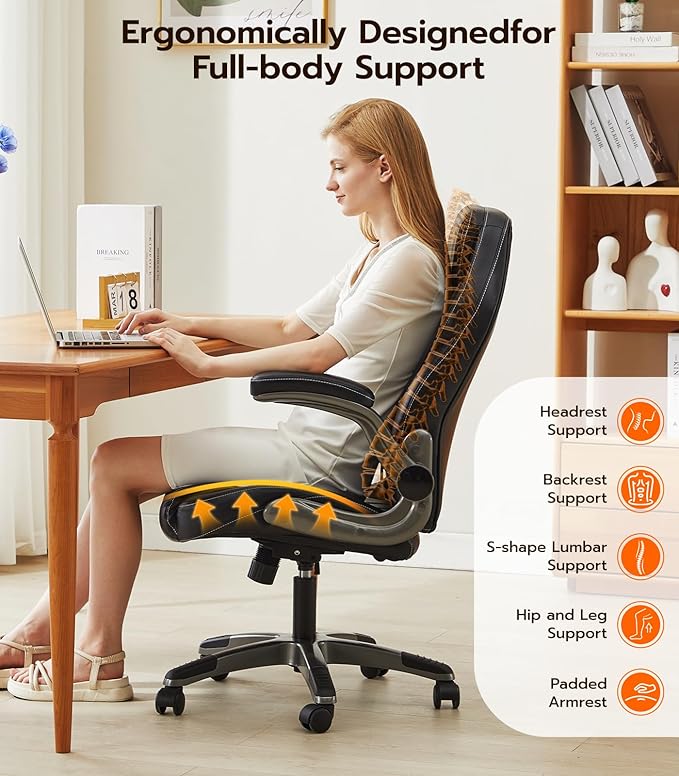 Office Desk Chair, Ergonomic Computer Chair with Padded Flip-Up Arms and Adjustable Lumbar Support, PU Leather Executive Chair with Tilt Lock and 360° Swivel Rolling Wheels for Work, Study