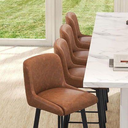 Swivel Bar Stools Set of 6, 26''H Upholstered Barstools with Backs, Modern Counter Height Bar Stool Chairs for Kitchen Island, Metal Legs, Faux Leather, Brown Counter Stools