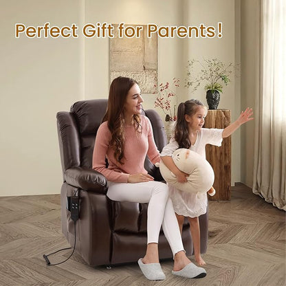TEKAMON Power Lift Recliner Chair for Elderly with Heat & Massage, Dual Motor Genuine Leather Recliner, Lay Flat Sleeping Chairs with Infinite Position, RemoteControl(Brown, Extended)