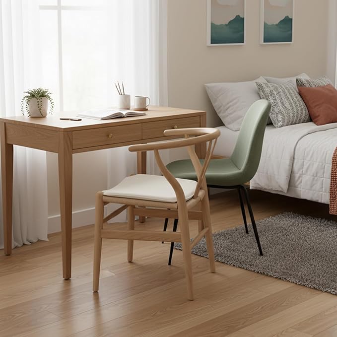 Tomile Wishbone Dining Chair with Arms, Modern Wood Chair Featuring a White PU Cushion on Woven Hemp Seat, Sturdy Wood and Y-Shaped Backrest, Fully Assembled for Kitchen & Dining (Ash Wood - Natural)