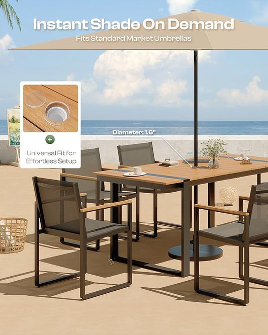 Outdoor Dining Set, Patio Table and Chairs Set, 7 Piece HDPS + Aluminum Patio Furniture Set with Umbrella Hole, Patio Dining Table Set (Gray-Teak)
