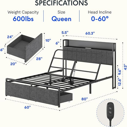 FLEXISPOT Queen Adjustable Bed with Storage Headboard, Charging Station, Head Incline, LED Lighting, Storage Drawers, Quiet Powerful DC Motor, and Easy Assembly