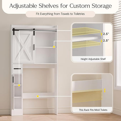 MU Over The Toilet Storage Cabinet with Doors, 32" Bathroom Storage Organizer with Side Shelves, Space-Saving Toilet Storage Rack for Bathroom, Laundry (Sliding Barn Door)