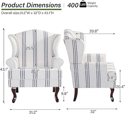 Accent Chair Set of 2, High Back Upholstered Armchair with High Resilience Sponge & Wood Legs, Mid-Century Modern Comfy Single Sofa Reading Chairs for Living Room, Bedroom-Stripe Navy