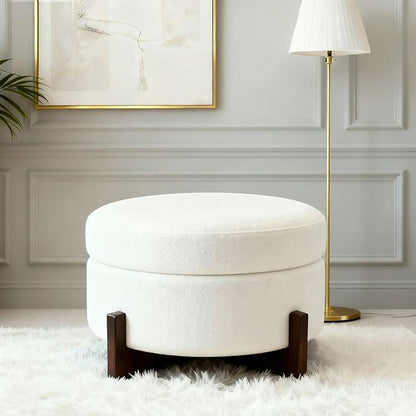 modscape 24-Inch Large Round Chenille Storage Ottoman Coffee Table Upholstered Velent Ottoman Table for Living Room Soft Tufted Circle Boucle Ottoman with Lift-Off Lid X-Base (Ivory, 24in-X-Base)
