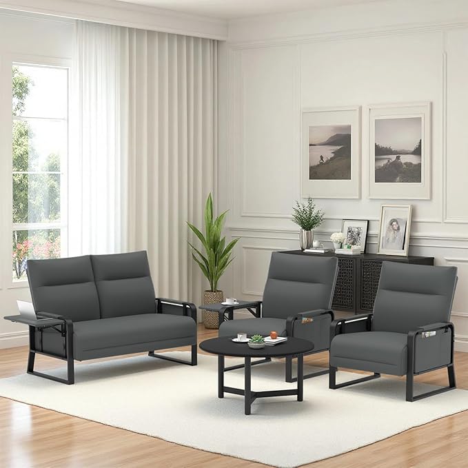 Modular Cloud Sectional Couches for Living Room, Faux Leather Loveseat & Accent Chairs Set of 2, Upholstered Sectional Sofa Set for Office, Gray