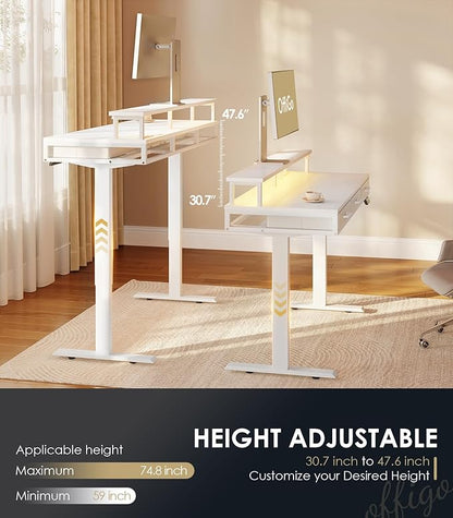 OffiGo Electric Standing Desk with Drawers, 55 Inch Height Adjustable Desk with Power Outlets & LED Lights, Sit Stand Table with Monitor Stand for Home, Office, Workstation, White
