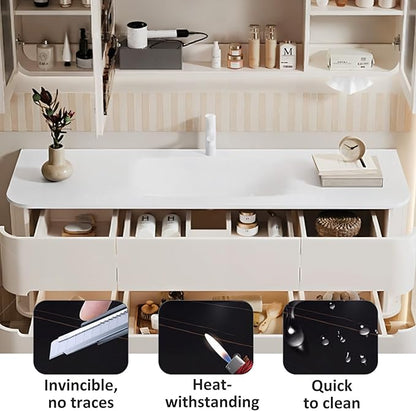 32IN Bathroom Vanity - Bathroom Vanity with Sink with Intelligent Induction Light | Wall-Mounted Bathroom Vanity with Intelligent LED Mirror Cabinet & 6 Drawers, Cream Color