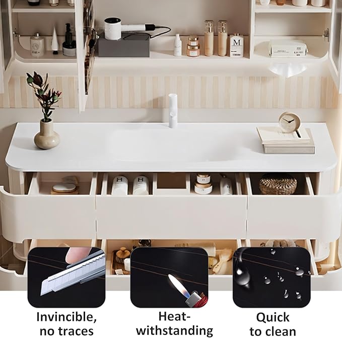 48IN Bathroom Vanity - Bathroom Vanity with Sink with Intelligent Induction Light | Wall-Mounted Bathroom Vanity with Intelligent LED Mirror Cabinet & 6 Drawers, Cream Color