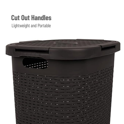 Mind Reader Slim Laundry Hamper with Lid, 60L Clothes Basket, Premium Wicker Design, Plastic, Brown
