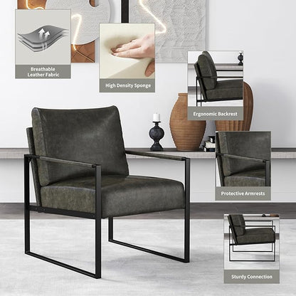 CANMOV Modern Accent Chair Set of 2, PU Leather Armchair with Metal Frame,Comfy Single Reading Chair with Soft Padded Backrest and Cushion for Living Room, Bedroom,Reading Room,Office,Dark Grey