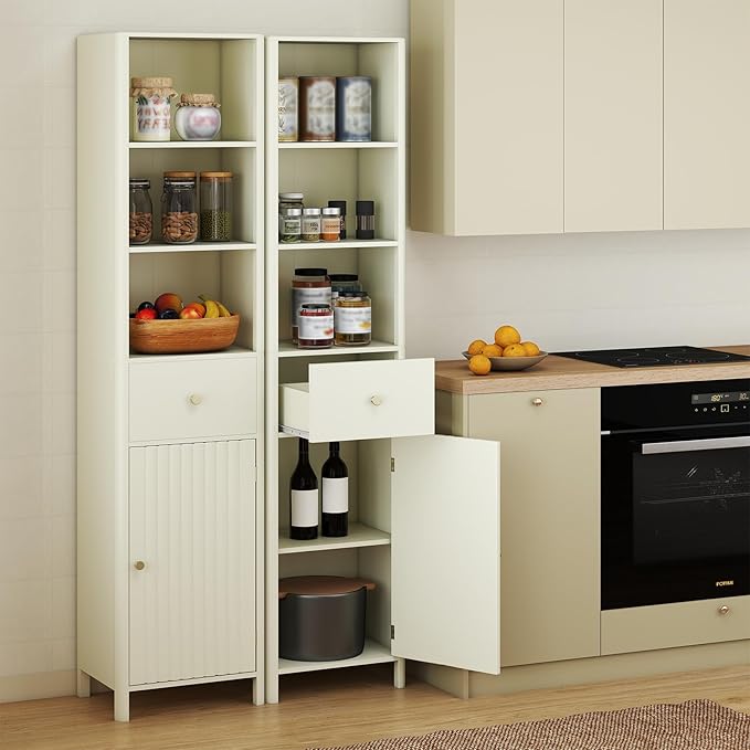 Tangkula 67" Tall Bathroom Cabinet, Narrow Floor Cabinet w/Fluted Door, 3 Open Shelves & 1 Drawer, Freestanding Storage Organizer w/Adjustable Shelf & Anti-tip Kit for Kitchen, Living Room (Beige)