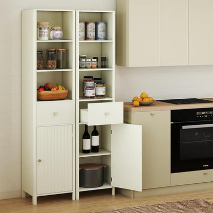 Tangkula 67" Tall Bathroom Cabinet, Narrow Floor Cabinet w/Fluted Door, 3 Open Shelves & 1 Drawer, Freestanding Storage Organizer w/Adjustable Shelf & Anti-tip Kit for Kitchen, Living Room (Beige)