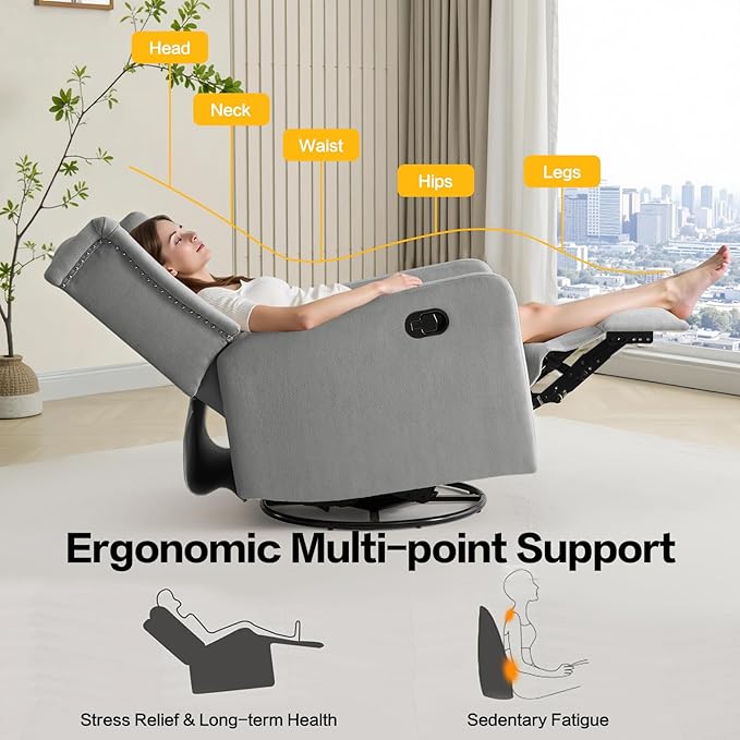 ABAKAN Swivel Rocker Recliner Chair, 360 Degree Nursery Rocking Recliner, Linen Glider Chair with Button Tufted Wingback Chair, for Living Room, Bedroom, Grey