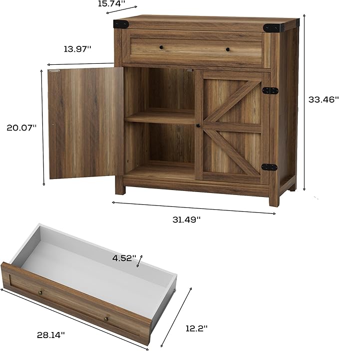JUMMICO Coffee Bar Cabinet Farmhouse Kitchen Sideboard Buffet Cabinet with Drawer and Adjustable Shelf Barn Door Storage for Kitchen, Dining Room, Bathroom, Entryway (Brown)