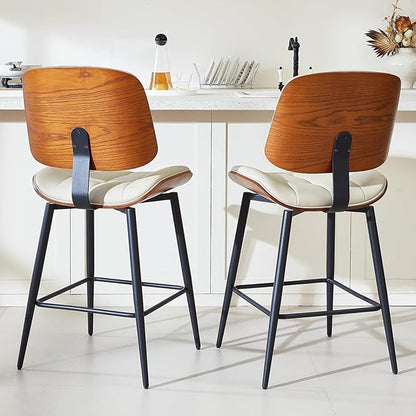 Mid Century Modern Bar Stools Set of 2 for Kitchen Island,Upholstered Beige Faux Leather Counter Height stools,26 Inch Counter stools with Walnut Grain Back