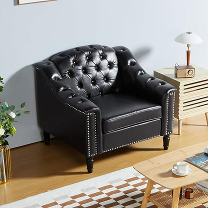 LEVNARY Chesterfield Chair Leather, Upholstered Sofa Chair with High Back, Mid-Century Modern Armchair with Solid Wood Legs, Single Couches for Living Room (Black)