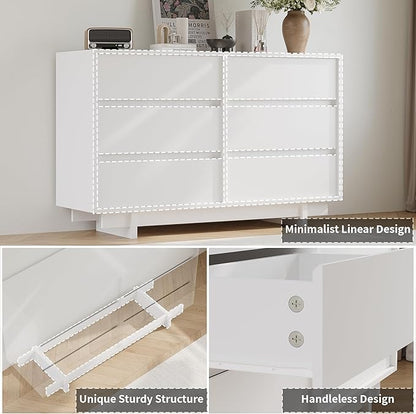 White Dresser for Bedroom, 47" Wide 6 Drawer Dresser, Mid Century Modern Dressers Chest of Drawers, Wooden Large Dressers for Bedroom, Closet