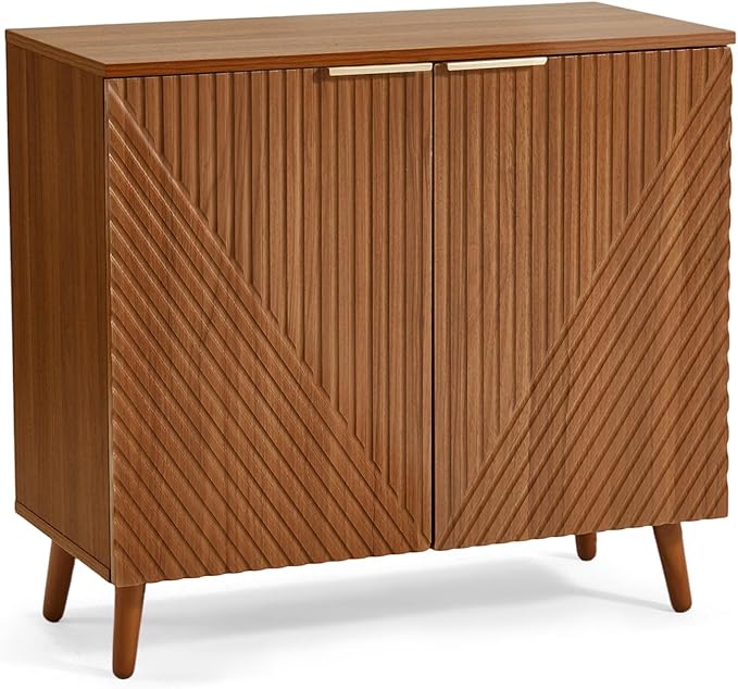 Fluted Brown Storage Cabinet with Doors, Wood Sideboard Buffet Cabinet with Adjustable Shelf, Modern Accent Table for Living Room, Entryway