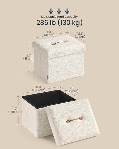 SONGMICS Small Folding Storage Ottoman, Foot Rest Stool, 12.2 x 16.1 x 12.2 Inches, Ottoman with Storage, Load up to 286 lb, for Living Room, Bedroom, Dorm, Cream White ULSF094W01