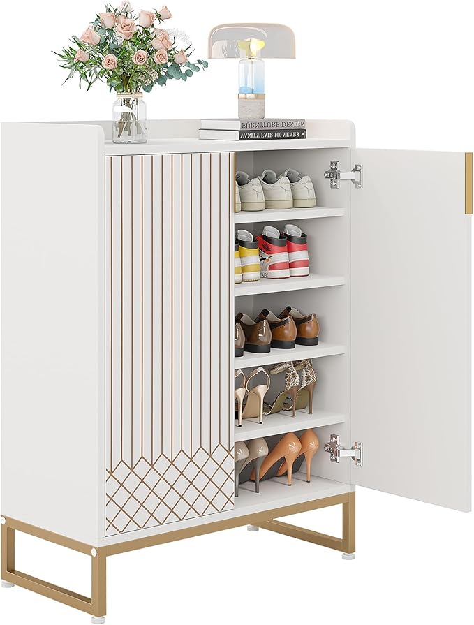 LITTLE TREE Modern White Shoe Cabinet with Doors for Up to 25 Pairs, 5-Tier Wood Shoes Rack Organizer for Entryway Bedroom Hallway Living Room