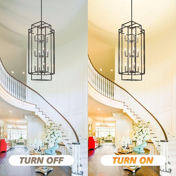High Ceiling Entryway Chandelier: 12-Light Farmhouse Lantern Chandelier, Industrial Large Pendant Light Fixtures, Foyer Chandeliers for High Ceilings, for Entry, Staircase, Hallway (Black & Silver)