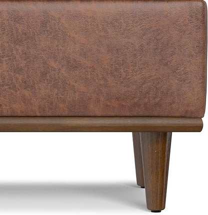 SIMPLIHOME Shiloh 26 inch Wide Transitional Contemporary Small Storage Ottoman in Distressed Saddle Brown Vegan Faux Leather, Assembled, for The Living Room, Entryway and Family Room