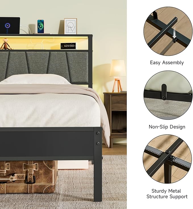 Z-hom Twin Bed Frame with Upholstered Headboard and Footboard, Metal Platform with Dual Storage Compartments, LED Lights and USB Ports, Easy Assembly, Grey