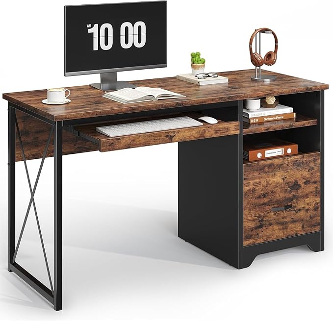 Bestier 47" Computer Desk with Drawers, Home Office Desk with Keyboard Tray, Reversible Industrial Office Desk with Storage Cabinet for Small Space Home Office & Studio, Rustic Brown