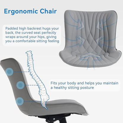 YOUNIKE Office Chair, Armless Desk Chair with Wheels, Adjustable Swivel Rolling Home Office Computer Task Chairs, Modern Faux Leather Upholstered Vanity Chair, Grey