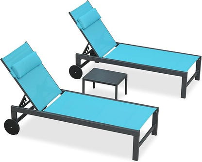 PURPLE LEAF Patio Lounge Chair Set of 3 Outdoor Chaise Lounger Aluminum Frame with Side Table and Wheels for Pool Outside Sunbathing Tanning Recliner Including Pillows Turquoise Blue